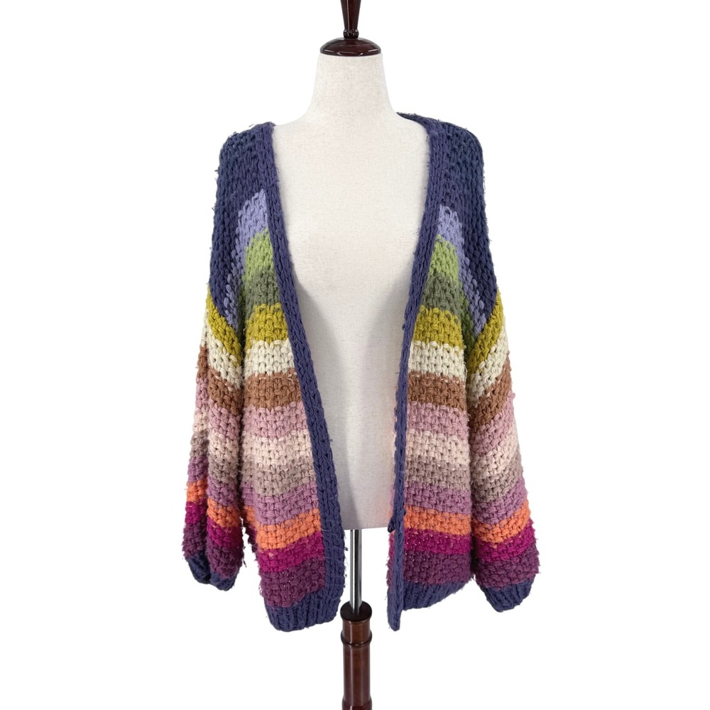 Listicle Womens Rainbow Striped Chunky Knit Cardigan Oversized Balloon Sleeve M
